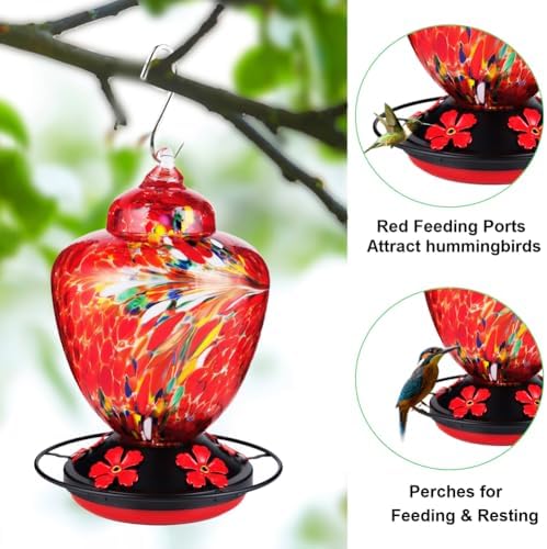 REZIPO Hummingbird Feeder with Perch - Hand Blown Glass - 38 Fluid Ounces Hummingbird Nectar Capacity Include Hanging Wires and Moat Hook (Red-fire)