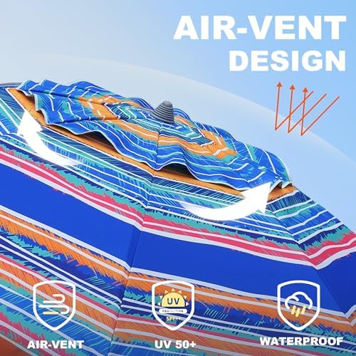 AMMSUN 7ft Beach Umbrella with Sand Anchor Portable Outdoor Patio Sun Shelter UV 50+ Protection & Tilt Aluminum Pole Air Vent with Carry Bag for Beach Patio Garden Outdoor Multicolor Blue