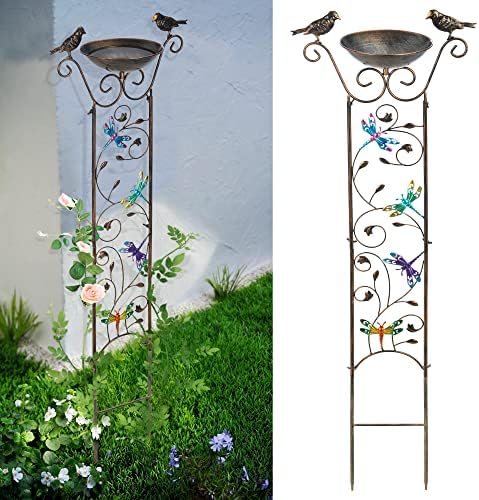 Bird Bath with Trellis Outdoor, Antique Garden Iron Plant Trellis with Decorative Dragonfly Detachable Bird Bath Bowl Metal Potted Plant Support for Climbing Flowers