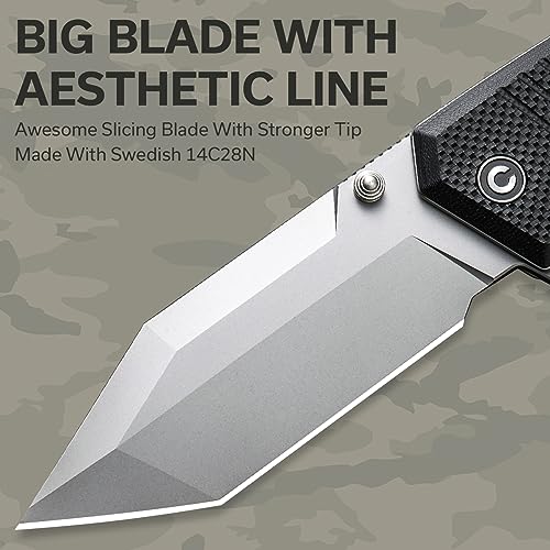 CIVIVI Pocket Knife for EDC, Bhaltair Tanto Folding Knife, 3.98'' 14C28N Blade G10 Handle, Liner Lock Knife for Men Outdoor C23024-1