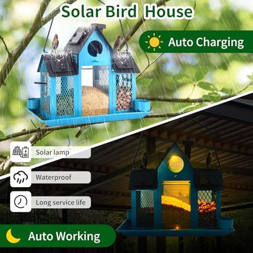 Solar Bird Feeders House for Outside Hanging, Metal Wild Bird Feeder for Outdoors, Large Cardinal Bird Feeder Birdhouses Squirrel Proof (Blue)