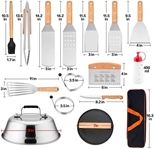 HaSteeL Griddle Accessories Set of 20, Complete Stainless Steel Griddle Spatula Tools with 9” Melting Dome, Heavy Duty Metal Spatulas Choppers Cast Iron Grill Press for Flat Top Teppanyaki BBQ Outdoor