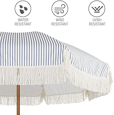 AMMSUN 7ft Patio Umbrella with Fringe Outdoor Tassel Umbrella UPF50+ Premium Steel Pole and Ribs Push Button Tilt, Navy Blue Stripes
