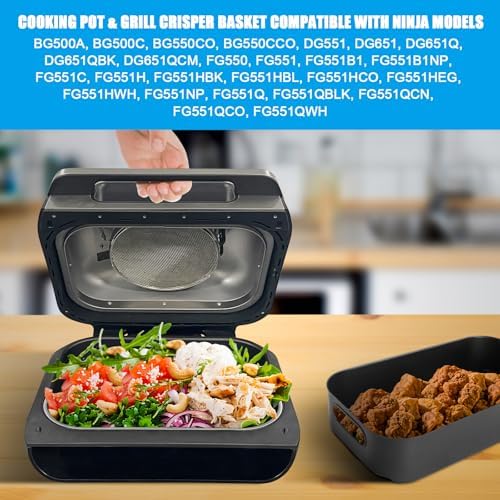 Grill Cooking Pot and Combo Crisper Basket for Ninja Foodi FG551/DG551 Smart XL Indoor Grill Accessories,Non-Stick Air Frying Basket & Griddle Pan Replacement for Ninja DG651