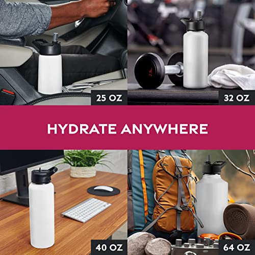 FineDine Triple Walled, Insulated Water Bottles with Straw - 25 Oz Stainless Steel Metal Bottle W/ 3 Leak Proof Lids - For Travel, School, Sports, Gym/Men, Women & Kids - Pure Pearly White