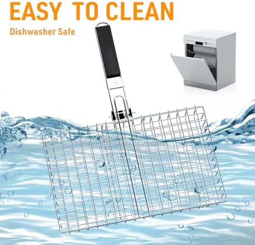 1-Pack Grill Basket with Removable Handle and 304 Stainless Steel, Grill baskets for outdoor grill,Ideal for Grilling Fish and Vegetables, BBQ Accessories for Easy Cooking