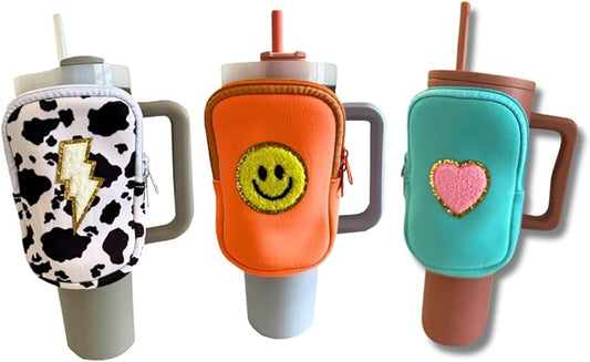Water Bottle Pouch For Tumblers, Gym Accessories, Unisex | Compatible w/ 20-48oz Tumblers Including Stanley Quencher | Holds Phone, Wallet, Keys, Cards, & More (Cow Print/Lightening)