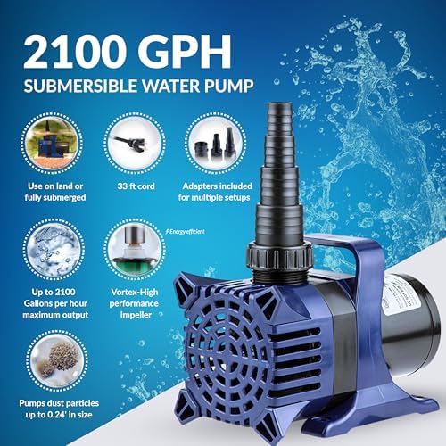 Alpine Corporation 2100 GPH Submersible Water Pump with 33 FT Cord and Adapters for Ponds, Fountains, Waterfalls, and Water Circulation, 192 Watts 20 FT Lift Quiet Operation Vertical/Horizontal