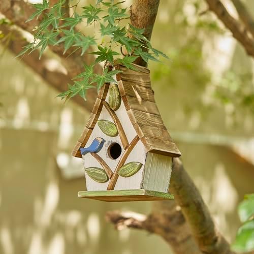 Glitzhome Bird Houses for Outside, 9.5" H Hanging Bird House Distressed Solid Wood Decorative Garden Birdhouse for Outdoors with Natural Wood Pallet Roof and 3D Tree,Washed White