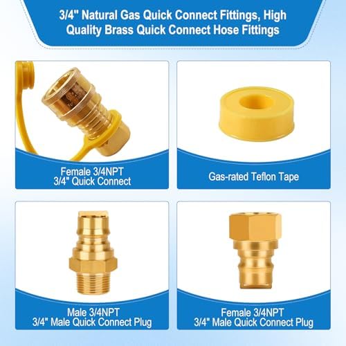 3/4" Propane Quick Connect Fittings, Natural Gas Quick Connect Coupler Kit, Heavy-Duty Brass Large Flow Quick Disconnect for Commercial Kitchen Equipment, Generator, Outdoor Gas Appliances.