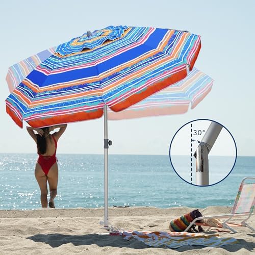 AMMSUN 7ft Beach Umbrella with Sand Anchor Portable Outdoor Patio Sun Shelter UV 50+ Protection & Tilt Aluminum Pole Air Vent with Carry Bag for Beach Patio Garden Outdoor Multicolor Blue