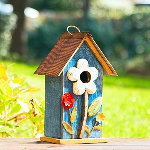 Glitzhome 10.2" H Hanging Bird House for Outdoor Patio Garden Decorative Birdhouse Pet Cottage Distressed Wooden Birdhouse, Flower Rustic Blue