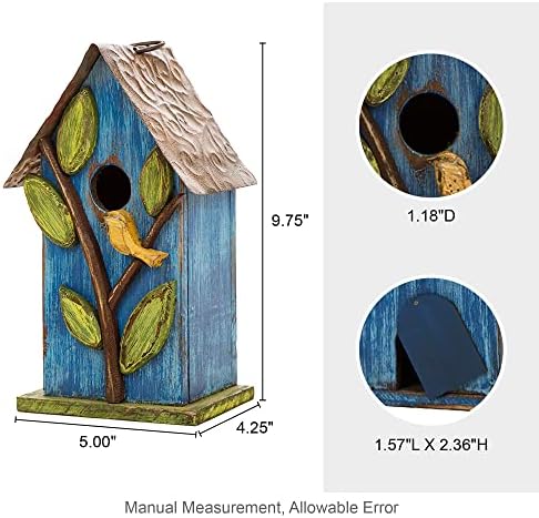 Glitzhome 9.7" H Hanging Bird House for Outdoor Patio Garden Decorative Pet Cottage Distressed Wooden Birdhouse, Blue Leaves