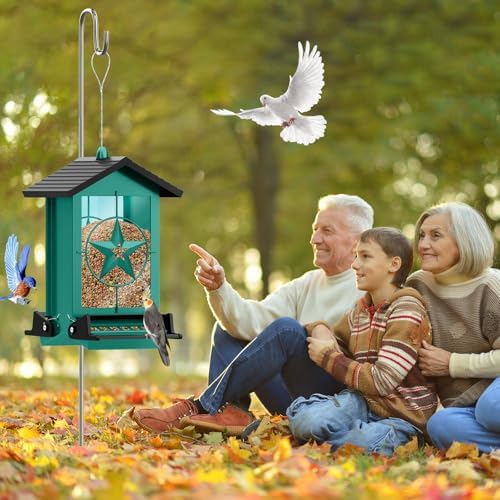Squirrel Proof Bird Feeder for Outdoors Hanging, Metal Wild Bird Seed Feeder with Bilateral Weight-Activated Perches, 5LB Large Capacity Wild Bird Feeders for Outside Finch, Cardinal, Blue Jay