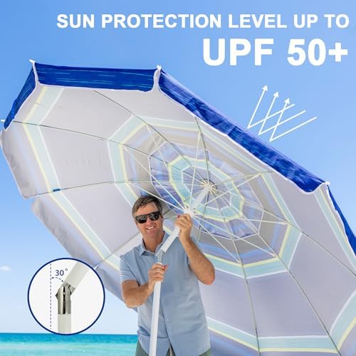 AMMSUN 8 Feet Large Beach Umbrella with Sand Anchor Heavy Duty High Wind Portable Outdoor Umbrellas UV 50+ Protection Air Vent Tilt Patio Garden Pool