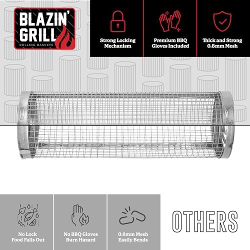 BLAZIN' GRILL Rolling Grill Basket | Rolling Grilling Baskets for Outdoor Grilling 2 Pcs | Barbecue Grill Set with BBQ Gloves | Portable Camping Net Rack Perfect for Vegetables, Seafood & Meat
