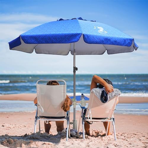 AMMSUN Beach Umbrella With Sand Anchor & Table Tray, 6.5ft Portable Heavy Duty Sun Outdoor Umbrella, UV 50+ Protection, Carry Bag for Patio, Pool and Garden, Blue