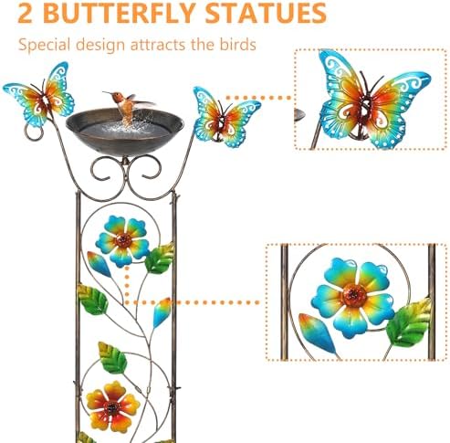 Bird Bath with Trellis Outdoor, Antique Garden Iron Plant Trellis with Decorative Floral-Butterflies Detachable Bird Bath Bowl Metal Potted Plants Support for Climbing Flowers