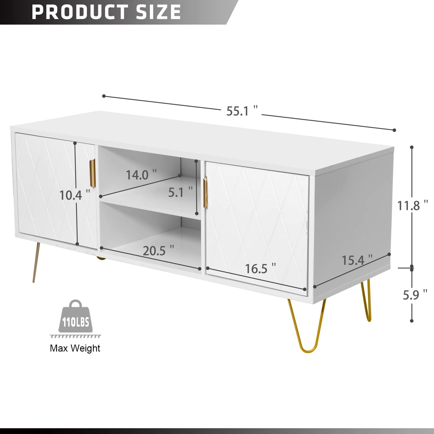 Anbuy White TV Stand for Bedroom Entertainment Center Wood up to 55 inch Large TV Console Media Cabinet with 2 Storage Cabinet and Shelves Home Support TV Up to 65 inch Stand for Living Room (White)