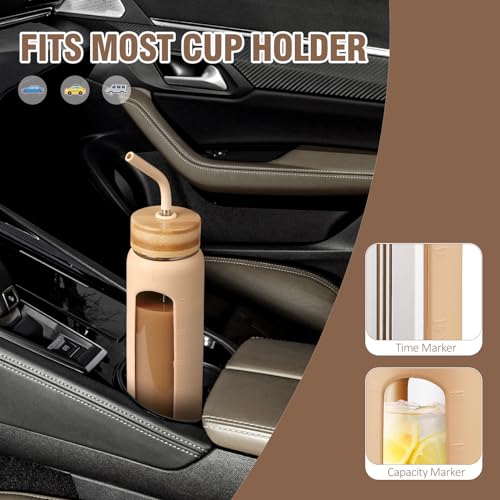 Kodrine 24 oz Glass Water Bottle with Straw, Clear Water Bottle Chug Lid and Bamboo Straw Lid, Borosilicate Glass Bottle 2 Lids Handle Top, Wide Mouth Water Bottle With Silicone Sleeve, Amber