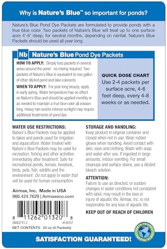 Airmax Pond Dye Packets Natures Blue Colorant for Large Pond & Lake, Beneficial UV Blocking Color Concentrate, Maintain Clean & Clear Water, Fish, Bird & Animal Safe, 4 Soluble Packets