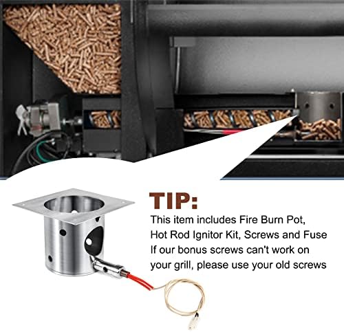 QuliMetal 304 Stainless Steel Fire Burn Pot and Hot Rod Ignitor Kit Replacement Parts for Traeger and Pit Boss Pellet Grill Burner, Fire Pot Accessories with Ash Remover, Screws and Fuse