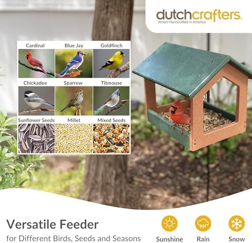 Amish USA Made Recycled Plastic Large Hanging Modern Fly Through Covered Roof Open Platform Tray Bird Feeder for Outdoors, Garden, Yard (Turf Green & Bright Cedar)