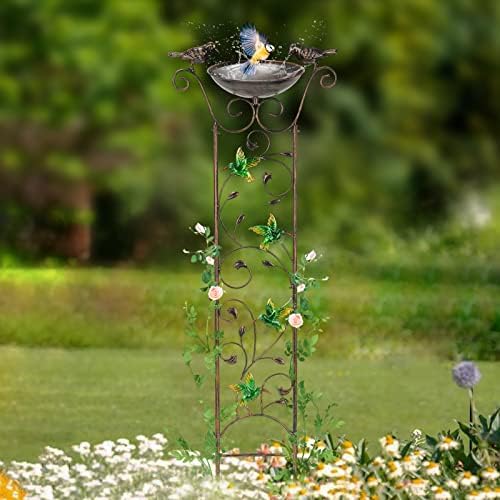 Antique Garden Iron Trellis with Decorative Hummingbirds Detachable Bird Bath Bowl Metal Potted Plant Support for Climbing Flowers