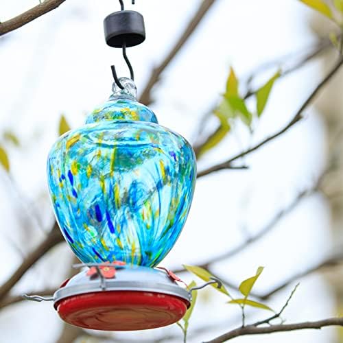 REZIPO Hummingbird Feeder with Perch - Hand Blown Glass - Light Green - 38 Fluid Ounces Hummingbird Nectar Capacity Include Hanging Wires and Moat Hook