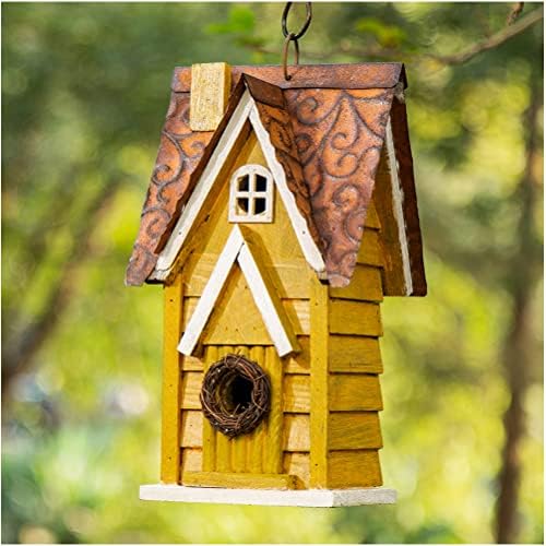 Glitzhome 12" H Yellow Distressed Solid Wood Cottage Birdhouse Hanging Bird House for Outdoors