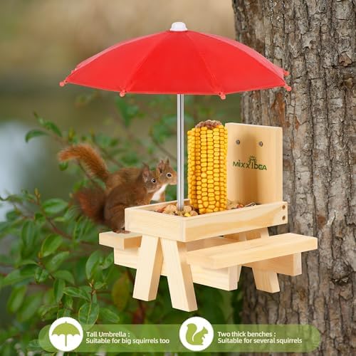 MIXXIDEA Squirrel Feeder Table with Umbrella, Wooden Squirrel Picnic Table Feeder, Sturdy Squirrels Feeder Corn Cob Holder, with Solid Structure and 2 x Thick Benches(1pk)