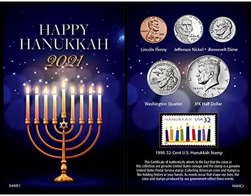 American Coin Treasures Hanukkah Coin Year to Remember 2021 Holiday Card | Genuine United States JFK Half Dollar Coin | 32 Cent Stamp
