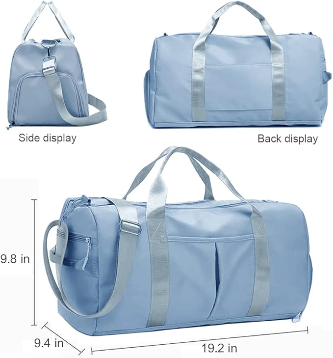 Small Gym Bag for Women and Men, Workout Bag for Sports and Weekend Getaway, Waterproof Dufflebag with Shoe and Wet Clothes Compartments (Light blue)