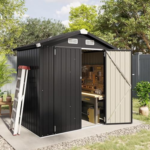 Aoxun 6.2x4 FT Shed Outdoor Galvanized Storage Shed with Large Lockable Doors for Lawn, Backyard, Patio (Black/Galvanized Base Included)