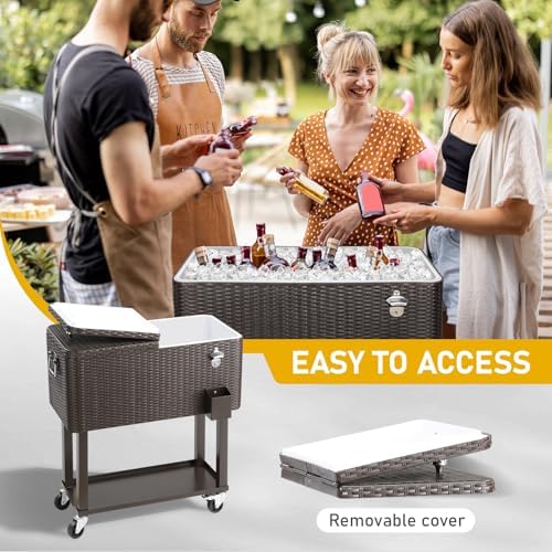 Outvita 80 Quart Rolling Ice Chest, Portable Bar Drink Cooler with Catch Basin, Bottom Storage Tray and Bottle Opener for Patio Party BBQ Beach Activities