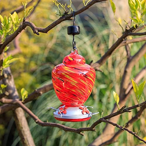 REZIPO Hummingbird Feeder with Perch - Hand Blown Glass - 38 Fluid Ounces Hummingbird Nectar Capacity Include Hanging Wires and Moat Hook (Yellow)