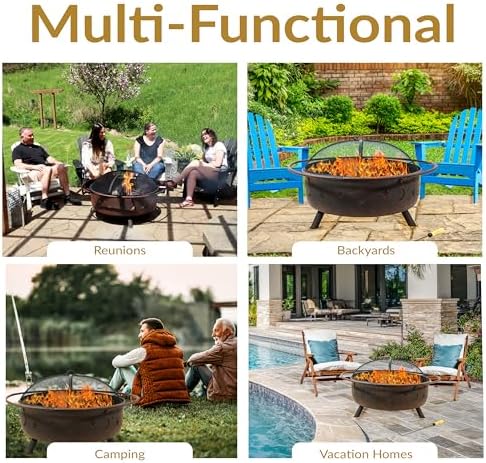 Sunnydaze Cosmic 42-Inch Large Outdoor Fire Pit - Wood-Burning Fire Pit with Round Spark Screen, Poker, and Built-in Grate