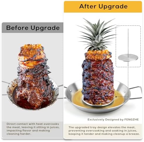 Al Pastor Skewer for Grill：Stainless Steel Vertical Stand, Brazilian Spit Stand with removable 3 Spikes, 2 Brushes, Anti-scalding Fittings, Fat Separator Tray, for Tacos Al Pastor, BBQ