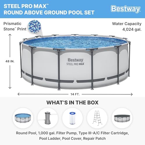 Bestway Steel Pro MAX 14 Foot x 48 Inch Round Metal Frame Above Ground Outdoor Swimming Pool Set with 1,000 Filter Pump, Ladder, and Cover, Gray
