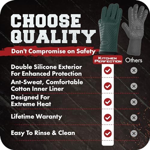 KITCHEN PERFECTION Silicone Smoker Oven Gloves -Extreme Heat Resistant BBQ Gloves -Handle Hot Food Right on Your Grill Fryer Pit|Waterproof Oven Mitts |Superior Value Set+3 Bonuses