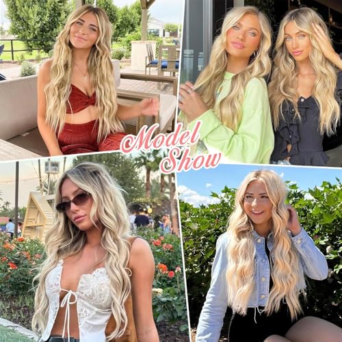 ALXNAN Clip in Long Wavy Synthetic Hair Extension 20 Inch Light Brown Mixed Blonde 4PCS Thick Hairpieces Fiber Double Weft Hair for Women