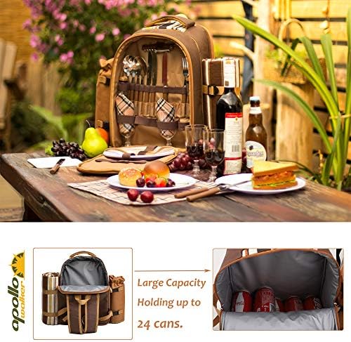 Apollo Walker Picnic Backpack Bag for 4 Person with Cooler Compartment,Wine Bag, Picnic Blanket(45"x53"),Best for Family and Lovers Gifts (Brown)