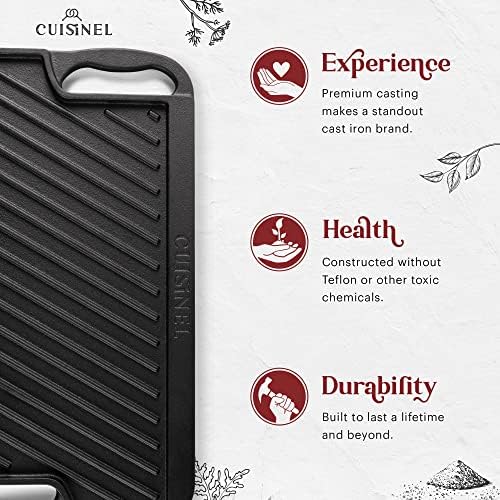 Cuisinel Cast Iron Griddle/Grill + Scraper/Cleaner - Reversible Pre-Seasoned 16.75" X 9.5"-inch Dual Handle Flat Skillet and Griller Pan - Works Indoor/Outdoor, Stove Burner, Gas, Fire