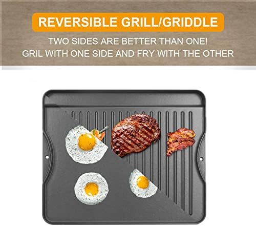 2-in-1 Reversible 14” x 16” Pre-Seasoned Cast Iron Cooking Griddle for Gas Stove/Charcoal/Electric/Propane/Gas Grill, Flat Griddle Top Plate for Camping Tailgating