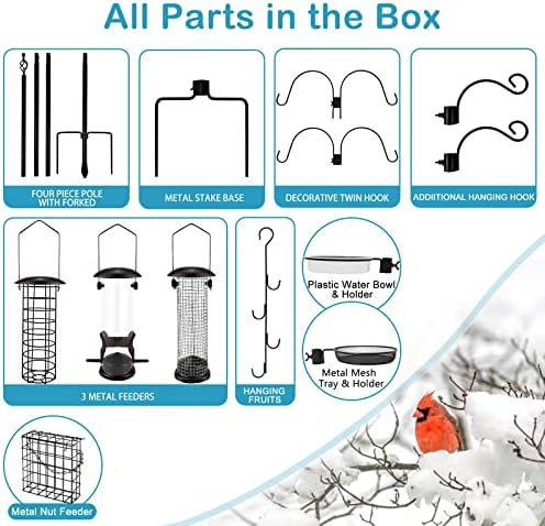 Bird Feeder Station with Suet Cage & Water Bowl Fruit Hook- Adjustable Pole, 6 Hanging Hooks for Wild Birds, Outdoor Garden Bird Feeding Kit