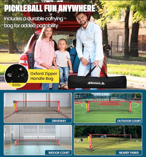 BAGAIL Portable Pickleball Net Set with Wheels, 22 FT Regulation Size & 11 FT Half Court Size 2-in-1 Pickle Ball Net with Ball Collector, Carry Bag, Easy Setup for Outdoor Indoor Driveway - Red