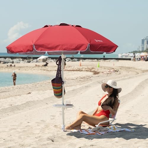 AMMSUN 7ft Heavy Duty High Wind Beach Umbrella Parasols with sand anchor Vent Tilt Sun Shelter, UV 50+ Protection Portable Outdoor Sunshade Umbrellas Carry Bag for Patio Garden Pool Backyard Red