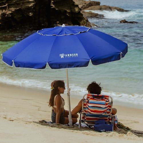 AMMSUN 8 Feet Large Beach Umbrella with Sand Anchor Heavy Duty High Wind Portable Outdoor Umbrellas UV 50+ Protection Air Vent Tilt Patio Garden Pool