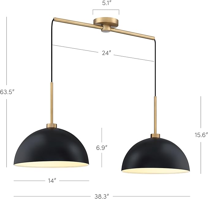 Nathan James Percy Modern 2-Light Pendant Island Light Fixture, Hanging Lights with Metal Shade and Adjustable Cord, for Kitchen, Living Room, Black/Vintage Brass