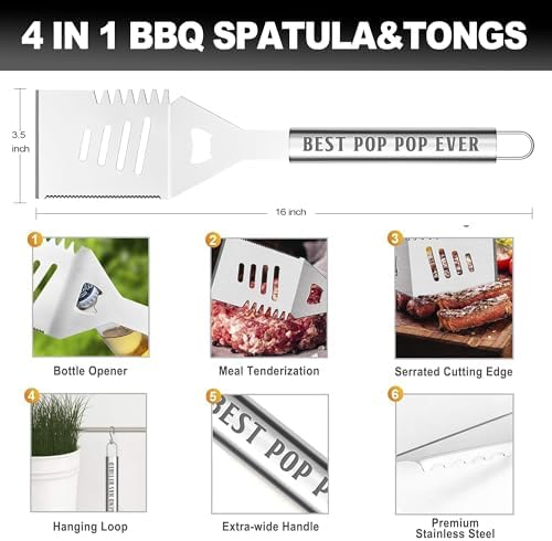 Pop Pop Gifts from Grandkids, Gifts for Poppop Fathers Day, Grilling Accessories, Heavy Duty Stainless Steel Grill Set BBQ Grill Tools for Outdoor Grill with Aluminum Case, Camping Grill Utensils Set